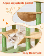 Taoqimiao Cactus Cat Tree, 66.2 in Tall Cat Tower with 2 Plush Cat Condos | 7 Scratching Posts, 2 Top Perches, Cozy Hammock & Basket, Indoor Cats, 2 Pompoms & Mouse Toy, MS013T