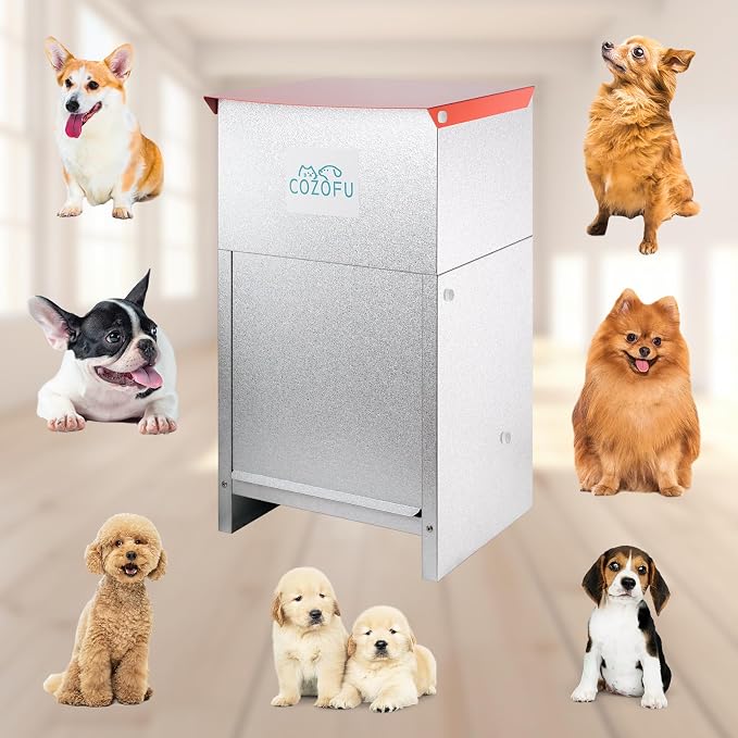 Dog Feeder - Galvanized Metal Pet Food Station for Indoor & Outdoor Use - Automatic Gravity-Fed Dispenser Suitable for Small, Medium, and Large Dog Breeds - Capacity: 25 Pounds of Dry Kibble
