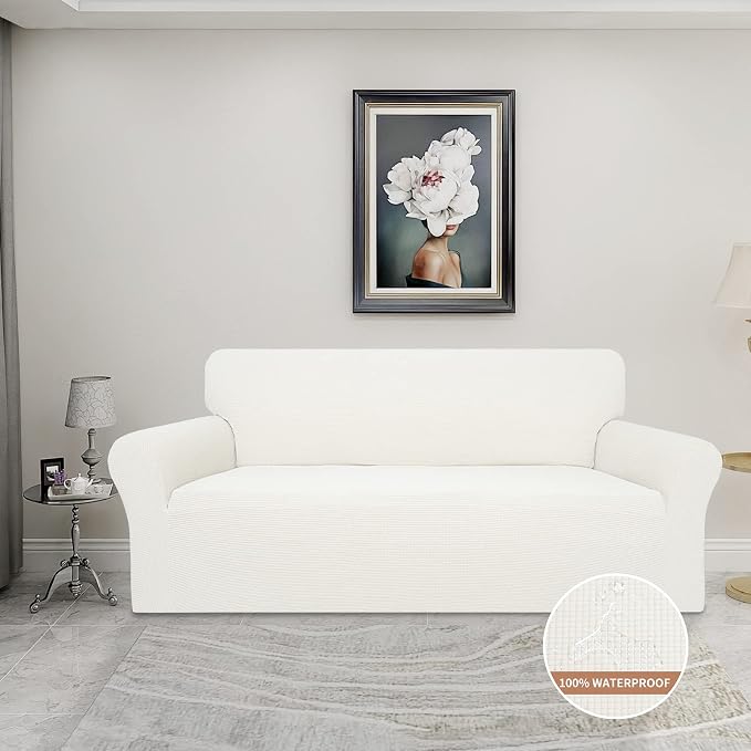 Easy-Going 100% Waterproof Couch Cover, 3 Cushion Oversized Sofa Cover | Leakproof Sofa Slipcover, Stretch Jacquard Furniture Protector Against Stain Spill from Kids, Pets, Dog, Cream