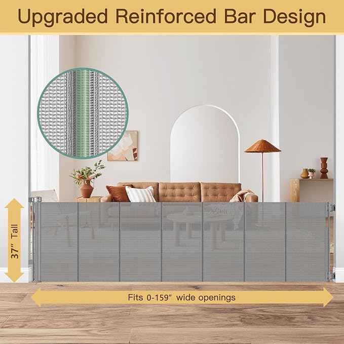 Reinforced 159 Inch Extra Wide Retractable Dog Gate with Support Rods, Indoor/Outdoor Retractable Gate, Prevent Babies and Dogs from Crawling Through Mesh Baby Gates for Doorways Extra Wide, Gray