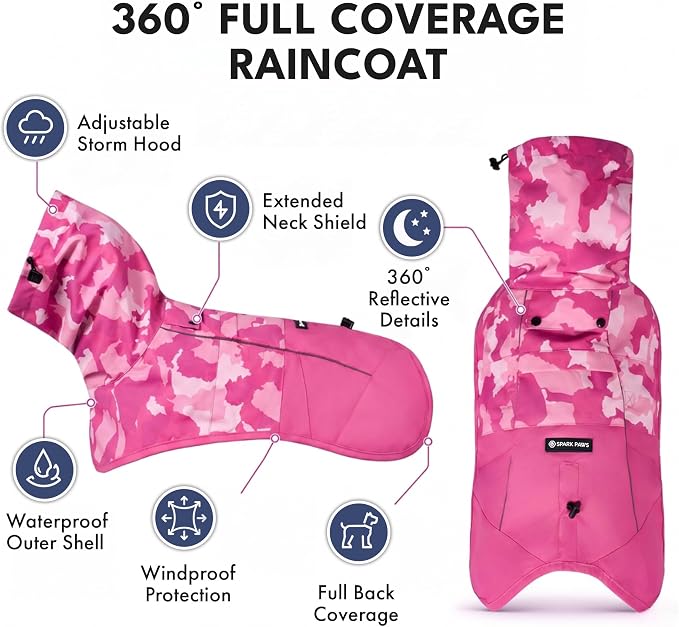 Spark Paws Dog Raincoat, Waterproof Windproof Rain Jacket, for Small Medium Large Extra Large Dogs, Reflective Breathable Full-Body Coverage Dry Suit - Camo Pink - L