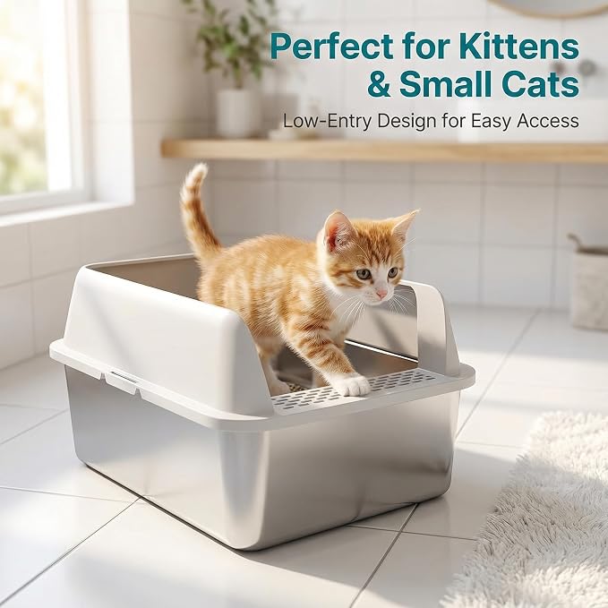 2PK Stainless Steel Litter Box with Lid, High Sided Sifting Litter Boxes for Pine Pellets, 17.3"x13.4"x10.5" Enclosed Metal Litter Box for Small Cats & Multi‑Cat Homes, Anti-Leakage, Easy Cleaning