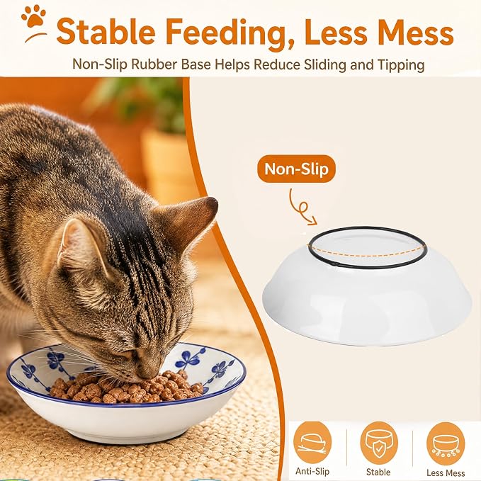 Ceramic Cat Food Bowls, 6 Pack 5.7-in Non-Slip Cat Dishes for Food, Water | Food-Safe Ceramic, Shallow Whisker-Friendly Plates For Wet Meals, Kibble, Multi-Cat Homes, Dishwasher And Microwave Safe