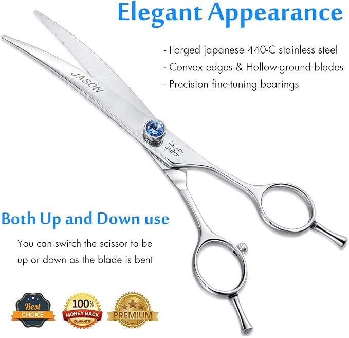 JASON Curved Dog Grooming Scissors - 7" Cats Trimming Shears Right Handed | Ergonomic Pets Shear with Offset Handle and a Jewelled Screw for Right Handed Groomers, Sharp, Comfortable, Gift