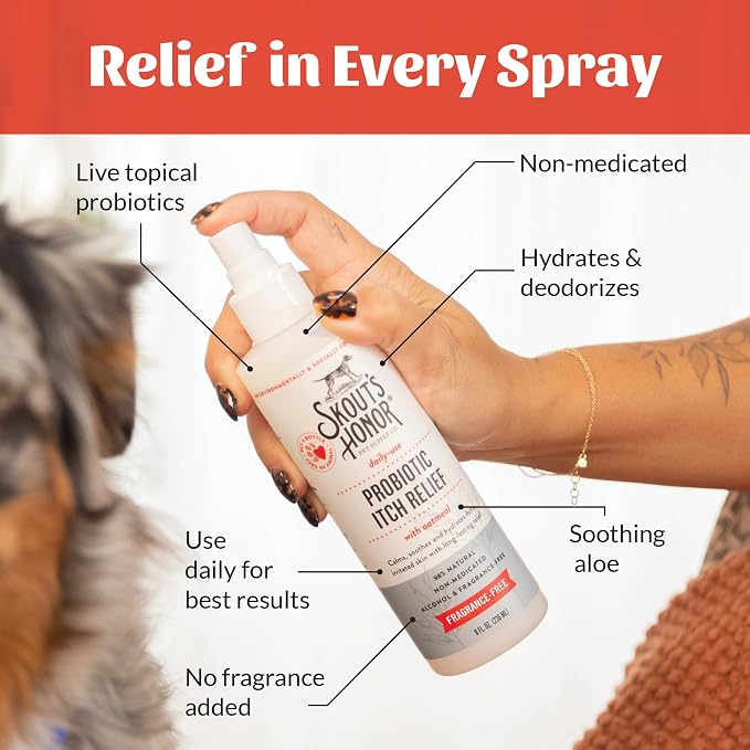 SKOUT'S HONOR Probiotic Itch Relief Spray for Dogs, 8 oz, 2-Pack | Natural, Vegan, Non-Medicated Microbiome-Friendly Formula for Long-Lasting Relief, with Soothing Aloe and Avocado Oil