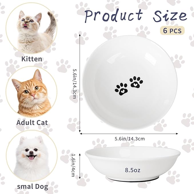 Non-Slip Cat Food Bowls, 6 Pack Whisker-Friendly Ceramic Bowls | 5.6-Inch Wide Shallow Bowl, Silicone Base, Food-Safe Ceramic, Dishwasher & Microwave Safe, Easy Clean