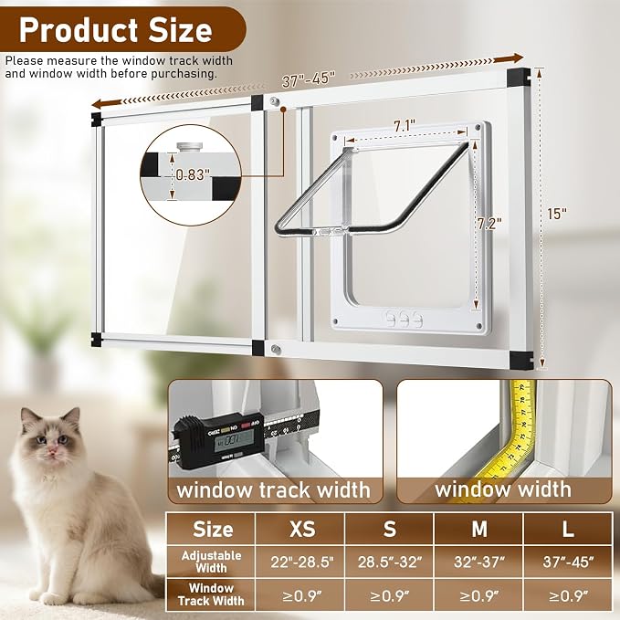 Full Glass Cat Door for Window,37"-45" Adjustable Width,1-Min Install | 4 Locking Modes,Aluminum Frame,HD Glass,Magnetic Closure,Weatherproof Sliding Pet Door Window Insert for Cats