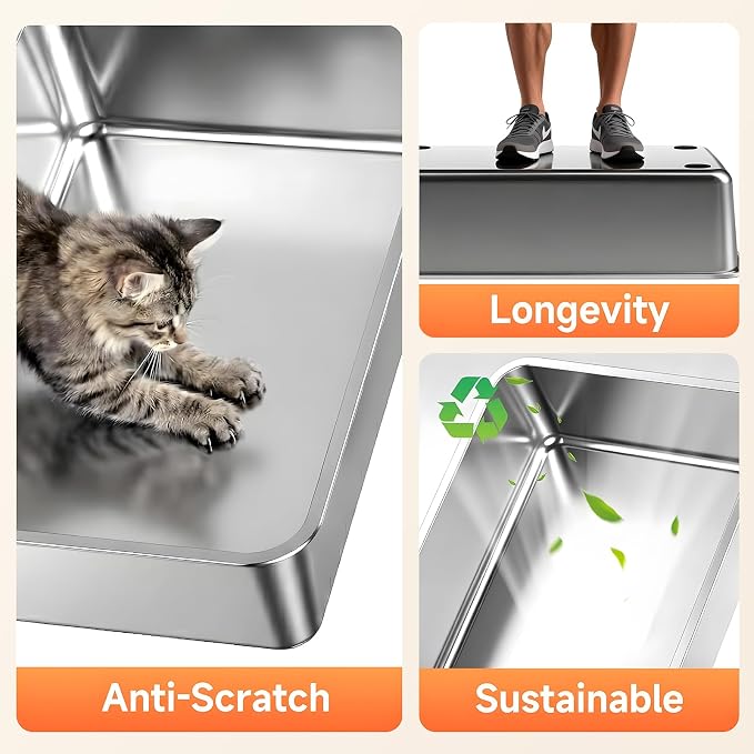 Stainless Steel Litter Box with High Sides, XL | High Sided Cat Litter Pan, Open Top Extra Large Metal Cat Litter Box, Non-Stick, Odor Free, Leakproof, Scoop Included, Gray