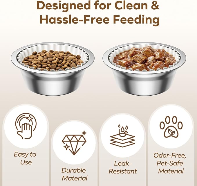 600 PCS Disposable Pet Feeding Bowls Bulk for Cats & Dogs, Leak Resistant | Printed Paper Cat Food Bowl Liners, Wet & Dry Food, Small Pet Bowl Covers, Easy Clean Feeding Supplies, White Pattern