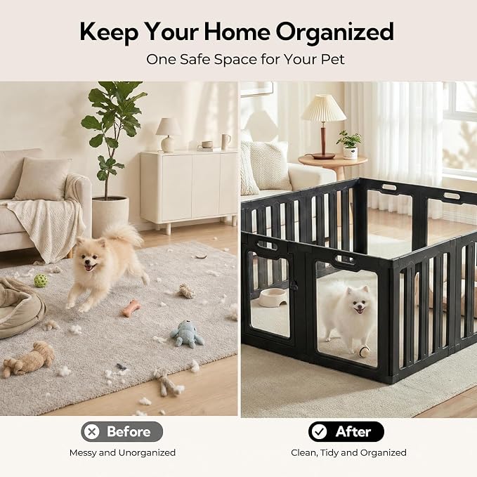 Soulbond Clear Acrylic Dog Playpen Indoor (24 Inch, Black, 12 Panels) | Non-Slip,Tool-Free Assembly, External Door Lock Play Pen for Puppies and Small Dogs