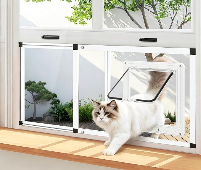 Full Glass Cat Door for Window,37"-45" Adjustable Width,1-Min Install | 4 Locking Modes,Aluminum Frame,HD Glass,Magnetic Closure,Weatherproof Sliding Pet Door Window Insert for Cats