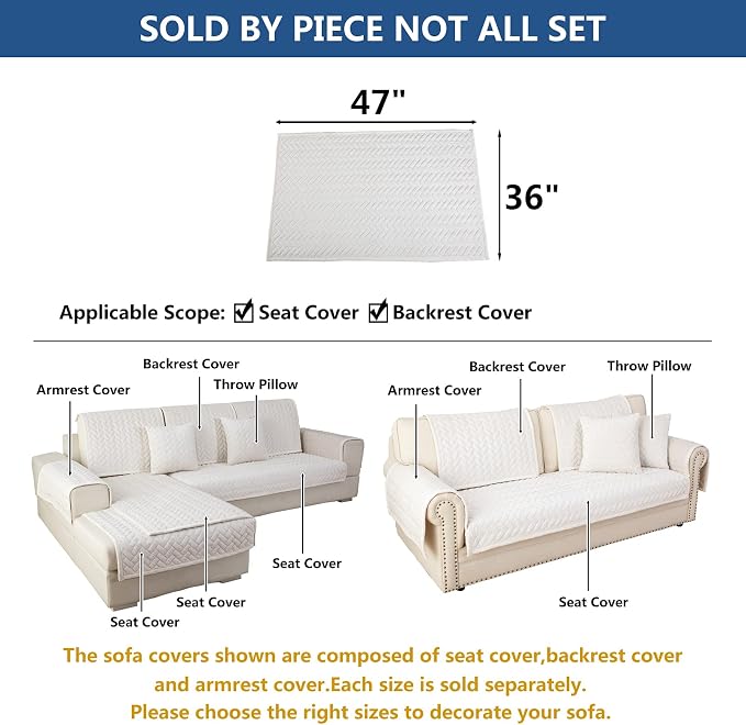 Eismodra Couch Cover,Sectional Couch Covers,Sofa Covers for 3 Cushion Couch,Anti-Slip Sofa Slipcovers for Dogs Cats Kids Loveseat Recliner L Shaped Armrest Backrest,White 36''x47''(Only 1 Piece)