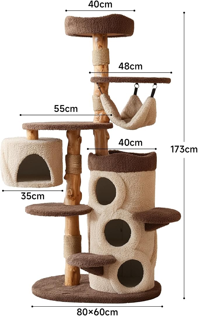 Modern Cat Tree for Indoor Large Cats & Multi-Cat Households, 68'' Solid Wood Cat Tower with 3 Condos, Heavy Duty Cat Tower with Scratching Post, Multi-Level Cat House, Perch, Hammock, Hideaway, Brown
