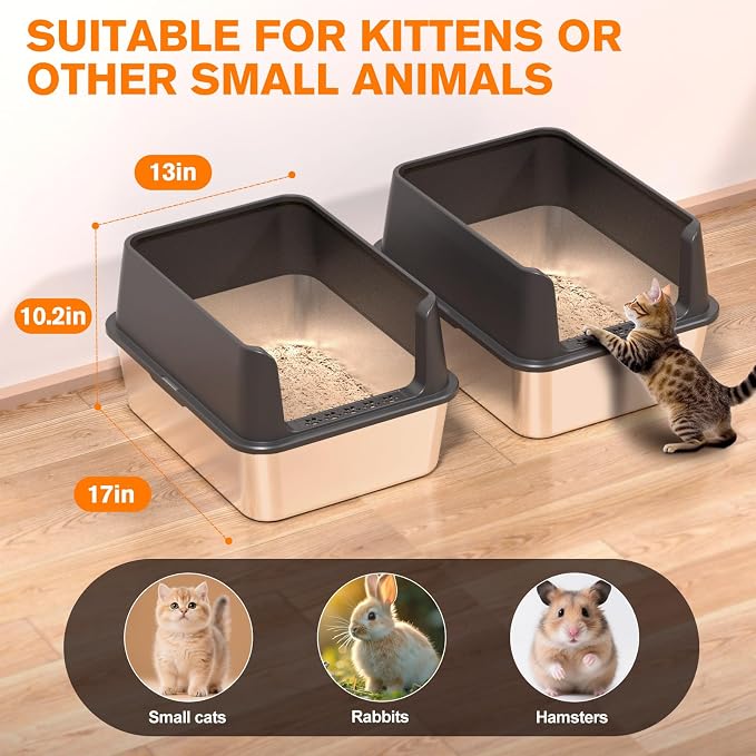 KITCATY 2PACK Stainless Steel Cat Litter Box, 17" L x 13" W x10 H Metal Kitty Litter Box with Lid, Suitable for Small and Medium-Sized Cats Never Absorbs Odors, Leak-Proof, Non-Sticky, Easy to Clean