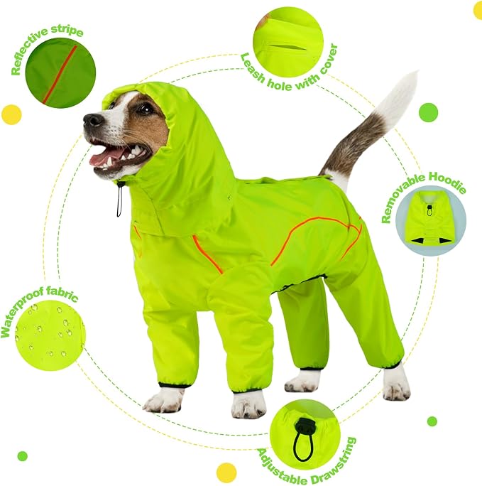 ADINIKIA Dog Raincoat, Waterproof Rain Jacket with Removable Hood,Green 2XL | Leash Hole/ Reflective Stripe/Adjustable 4 Legs Rainsuit/Full Coverage/ Snowproof Windproof/ For Small to 3X-Large Dogs