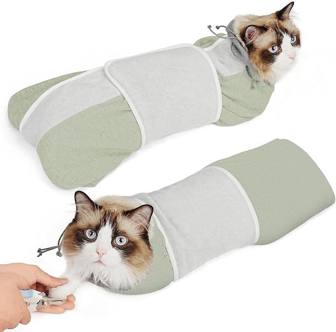 Supet Cat Grooming Wrap for Cutting Nails, Self-Adhesive Calm Cat Swaddle | Bite-Proof Mesh Hood & Thick Waist Strap Anti-Escape Anti-Scratch Bag for Nail Trimming, Medication, Ear Cleaning (Green L)