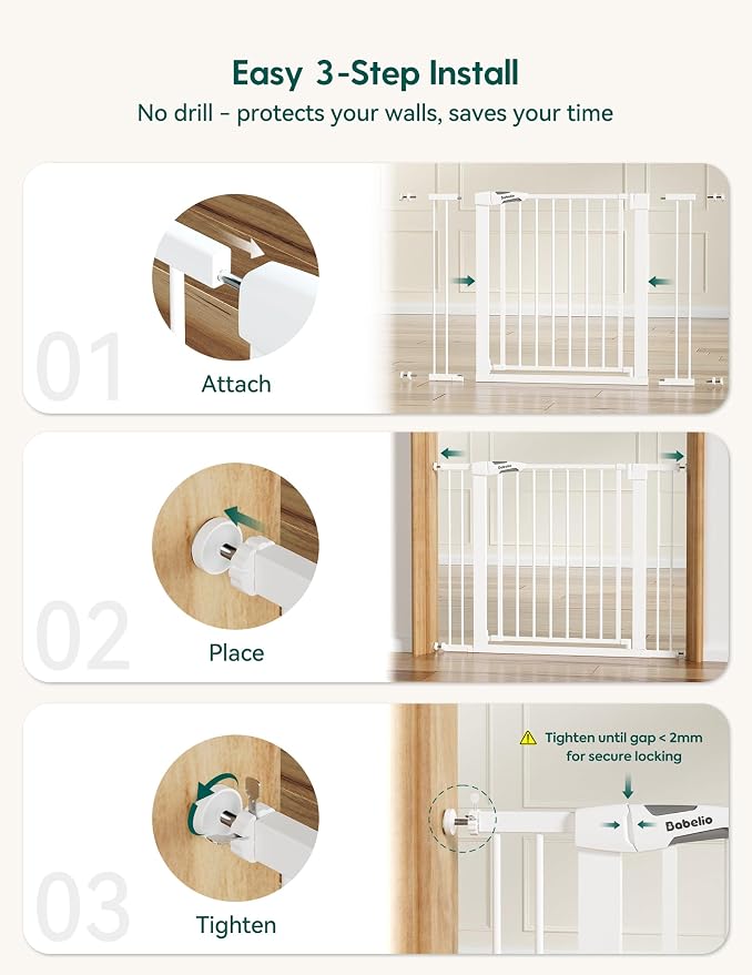 Babelio Pressure Mounted Baby Gate for Stairs, 26-40" Wide Dog Gate,2 Pack | Triple-lock System; Pressure/Wall Mount; Auto-close; 200N Impact Tested; Easy Install for Doorways, Kitchen, Hallway, White