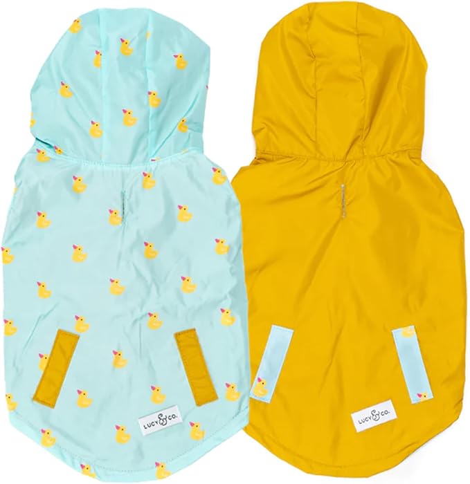 Lucy & Co. Lucky Ducky - Reversible Raincoat for Dogs & Pets - Dog Raincoat - Fashionable and Comfy Water Proof Adjustable Poncho for Canines - Medium - Yellow Blue Rubber Duck