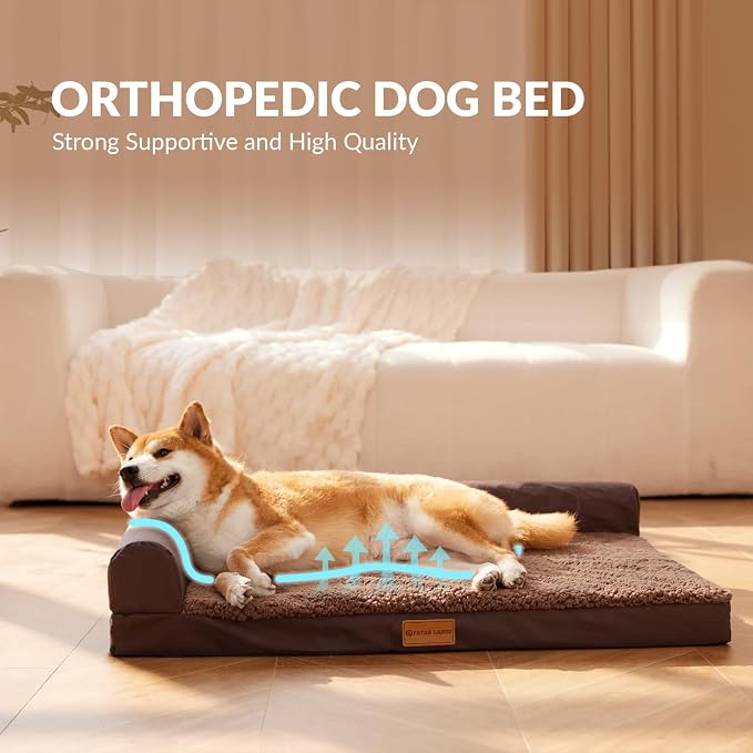 Patas Lague Orthopedic Extra Large Dog Bed Pet Sofa Beds 56''X40''Brown | L Bolster Egg-Crate Foam Dog Couch For Large Sized Dogs, Waterproof Removable Washable Cover, Pet Mat with Nonskid Bottom