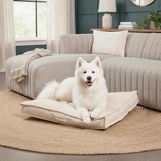 Indoor Dog Bed with Removable Washable Cover, Soft Basketweave Fabric, Reversible Cushion, Carry Handle, Baffle Construction to Help Prevent Fill Shifting, Cream - Medium (32"x32")