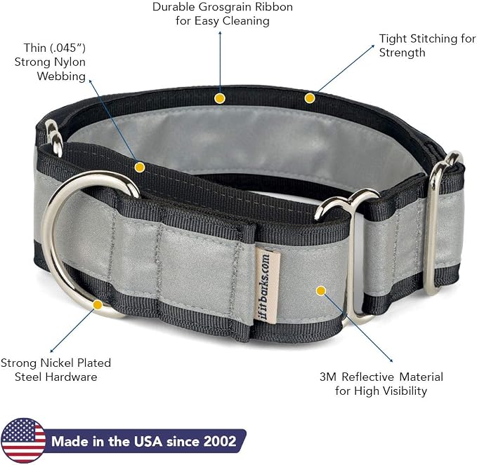 If It Barks - 1.5" Reflective Martingale Collar for Dogs - Adjustable - Made in USA - Strong, Durable, and Comfy - Ideal for Training - Suitable for Most Breeds - Medium, Black