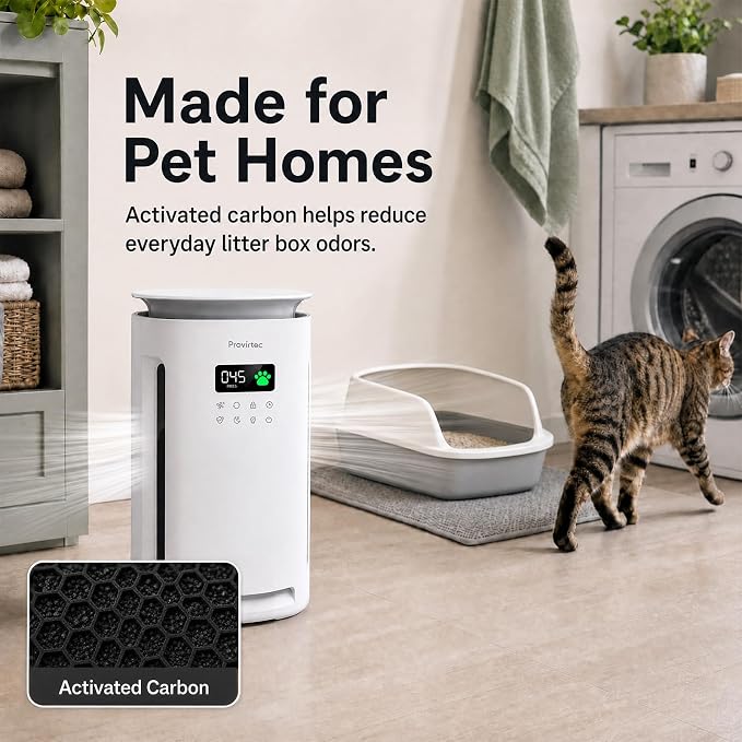 Provirtec Pet Air Purifier for Home with 2 Washable Pre-Filters, H13 HEPA | For pet homes: 360° intake, 1-Year Filter, 1800 sq ft, tested pet hair and odor reduction, PM2.5 Auto and 23 dB Sleep