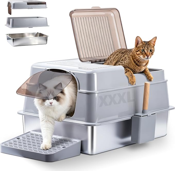 Stainless Steel Litter Box,XXXL Metal Litter Box with Lid | Extra Large Enclosed Litter Boxes for Big Cat, Anti-Urine Leakage,Easy Cleaning, No Smell, Includes Scooper and Mat
