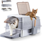 Stainless Steel Litter Box,XXXL Metal Litter Box with Lid | Extra Large Enclosed Litter Boxes for Big Cat, Anti-Urine Leakage,Easy Cleaning, No Smell, Includes Scooper and Mat