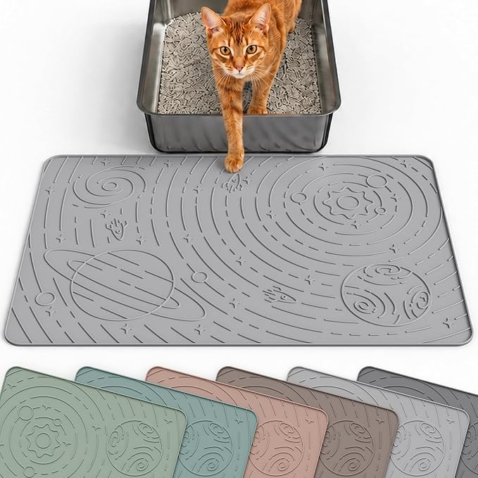 Cat Litter Mat Medium 23.6x15.7in, Light Grey Silicone Rubber Scatter Control Kitty Litter Box Trapping Mat, Waterproof Easy to Clean, Odorless Pet Supplies, Indoor Cat Essentials