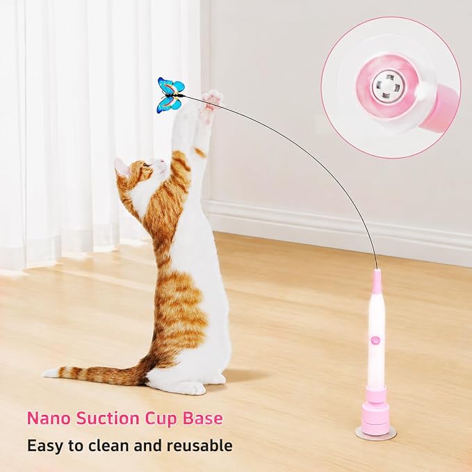Automatic Butterfly Cat Toy, Interactive Wand with Suction Base | Rechargeable 2-in-1 wand offers handheld or suction-base play, two rotating modes, tap activation, and 3 butterfly refills.