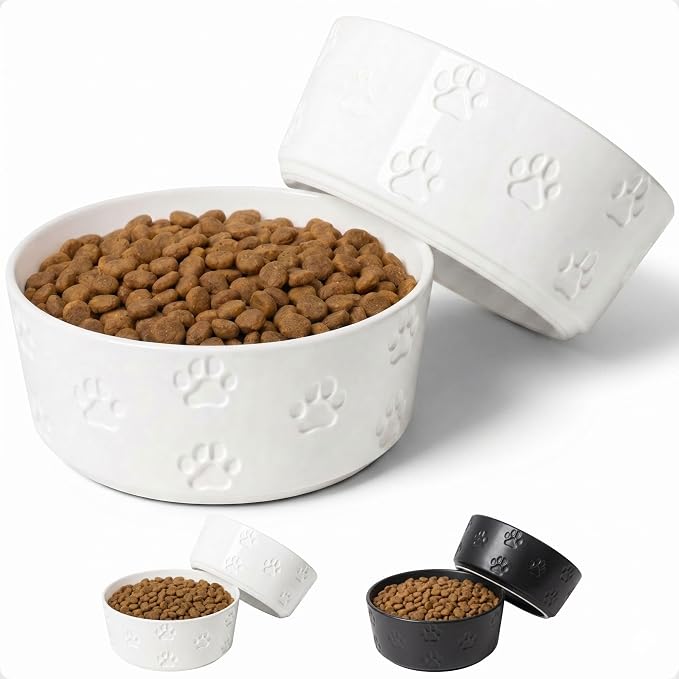 Ceramic Dog Bowl Set of 2 with Anti-Skid Base 7.5" W x 3" H, 6 Cup Capacity | Thick Ceramic, Dishwasher Safe, Anti-Skid Rubber Base, 6 Cups per Bowl, Ceramic Food & Water Bowls Set of 2 for Large Dogs