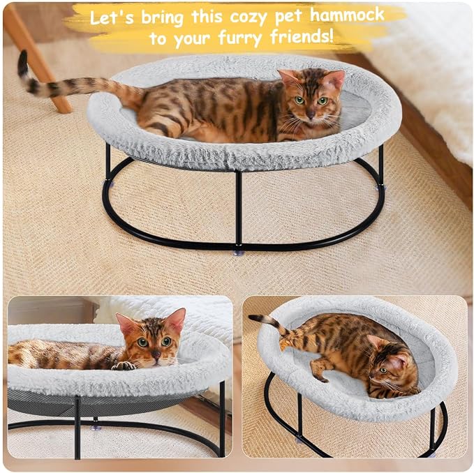 Zoratoo Elevated Cat Hammock, Fluffy Cuddle Cat Bed for Multiple Cats | Portable Raised Pet Bed, Sturdy Metal Frame, Detachable Washable Cover, Oval Shape Cuddle Bed for Sleeping Kittens
