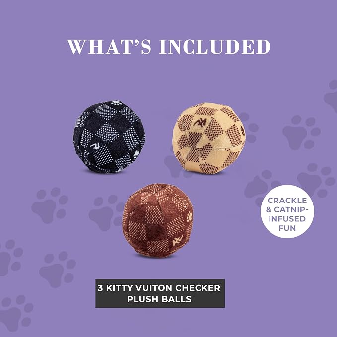 Haute Diggity Kitty Vuiton Checker Balls Set, Soft Plush Cat Toys | 3 Pack Catnip Toys with Interactive Crackle Sound, Safe & Durable Cat Nip Kicker Toy for Outdoor & Indoor Cats & Kitten