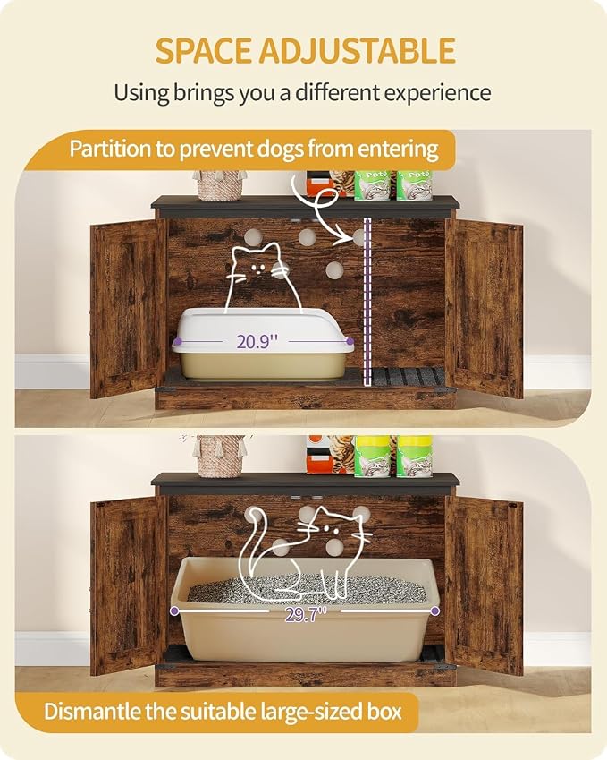 Hzuaneri Cat Litter Box Enclosure, Hidden Litter Box Furniture with Divider | Wooden Cat Cabinet with Removable Dividers, Reversible Entrance Left or Right Side, Cat Washroom, Rustic Brown Black CB84601X