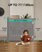 Retractable Baby Gates, Mesh Dog Gate for Doorways, 33.6" Tall, Expands to 71" Wide,Pet Safety Essential Fit for Baseboards, Wide Toddlers Gates for Hallways, Indoor & Outdoor,Gray