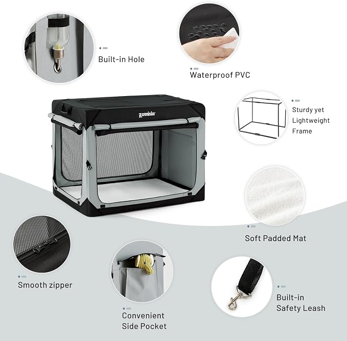 ZOMISIA Collapsible Dog Crate for Medium Dogs - 30 Inch Portable Dog Travel Crate Soft Sided with Breathable Mesh Windows, Foldable Dog Kennel for Indoor and Outdoor, Grey