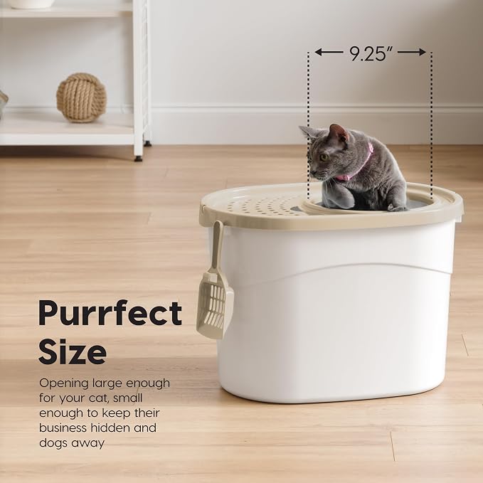 IRIS USA Large Top Entry Cat Litter Box, Hooded Privacy, Beige | Dog-Free Zone, Enclosed Top Access, Protected Interior, Dog Proof Pan, Odor Trapping, Reduced Tracking