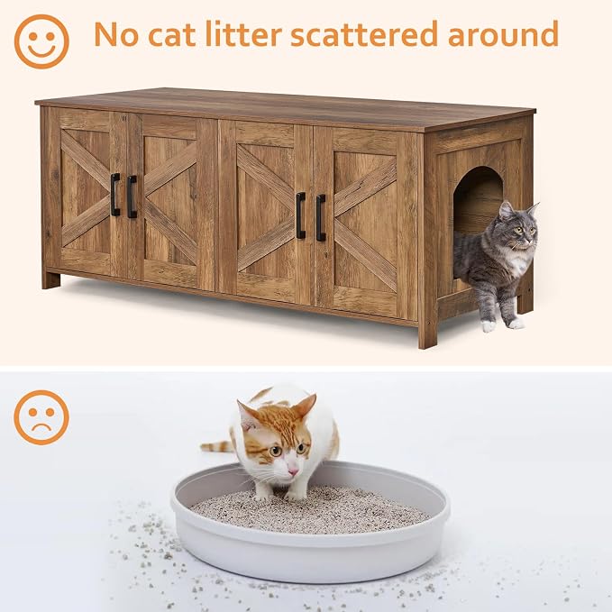 Homhedy 47.2”L Cat Litter Box Enclosure for 2 Cats, Rustic Walnut | Wooden Litter Box Furniture Hidden with Double Room, Cat Washroom, Cat House, Dog-Proof, TV Stand,Farmhouse Style