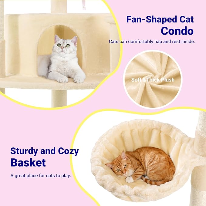 Allewie 73in Fan-Shaped Space-Saving Corner Cat Tower/Multi-Level Tall Cat Tree for Indoor Kitties/Cozy Baskets/Condos/House/Perches/Sisal Scratching Posts/Pet Activity Center/Beige