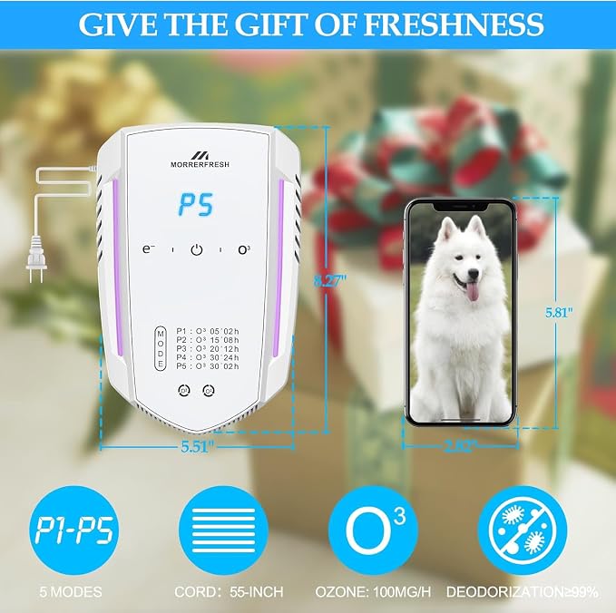 Cat Litter Deodorizer and Litter Box Odor Eliminator | Ozone & Ion Pet Odor Eliminator for Home with 5 Smart Modes for Strong Cat Urine Smell, Smoke, Wardrobe, Garage