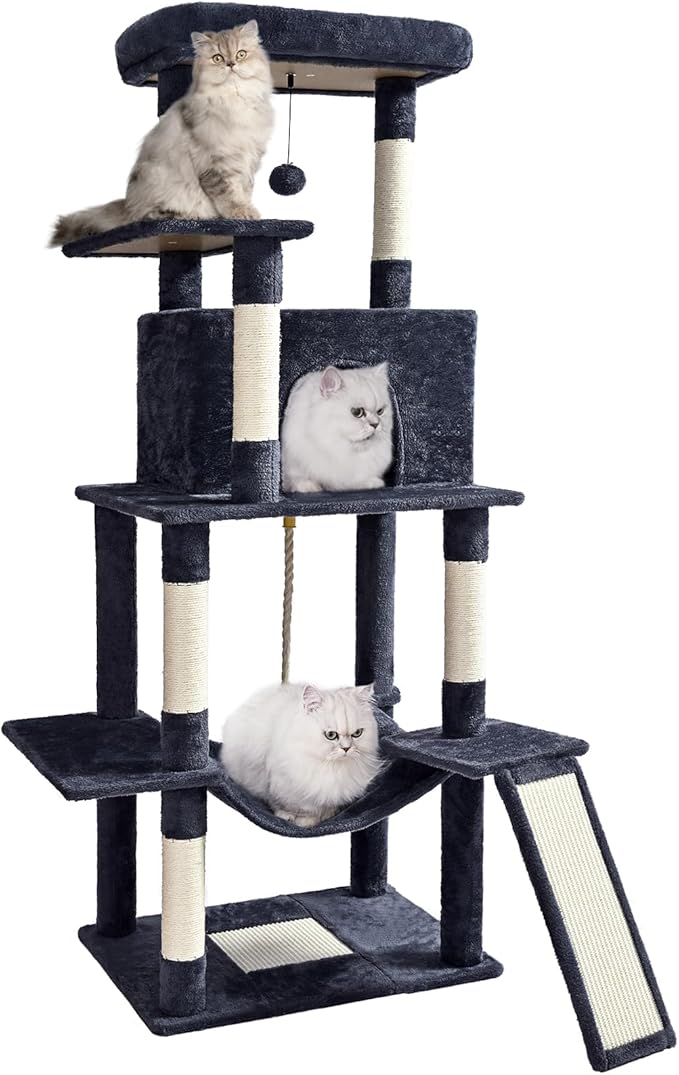 ABCPET 63" Multi-Level Cat Tree Tower for Indoor Cats, Dark Grey | 63" multi-level cat tower with sisal scratch posts, cat condo, hammock, dangling toy & wide perch for indoor cat rest & play