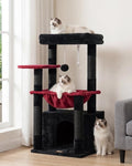 Heybly Cat Tree, Kitten Tower with Large Soft Cat Basket HCT008SBR | Cat Condo with Spacious Cat Bed Cave with Hidden Space, Sisal Scratching Posts, Dangling Ball for Indoor Cats, Black and Red