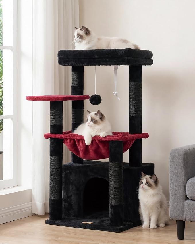 Heybly Cat Tree, Kitten Tower with Large Soft Cat Basket HCT008SBR | Cat Condo with Spacious Cat Bed Cave with Hidden Space, Sisal Scratching Posts, Dangling Ball for Indoor Cats, Black and Red