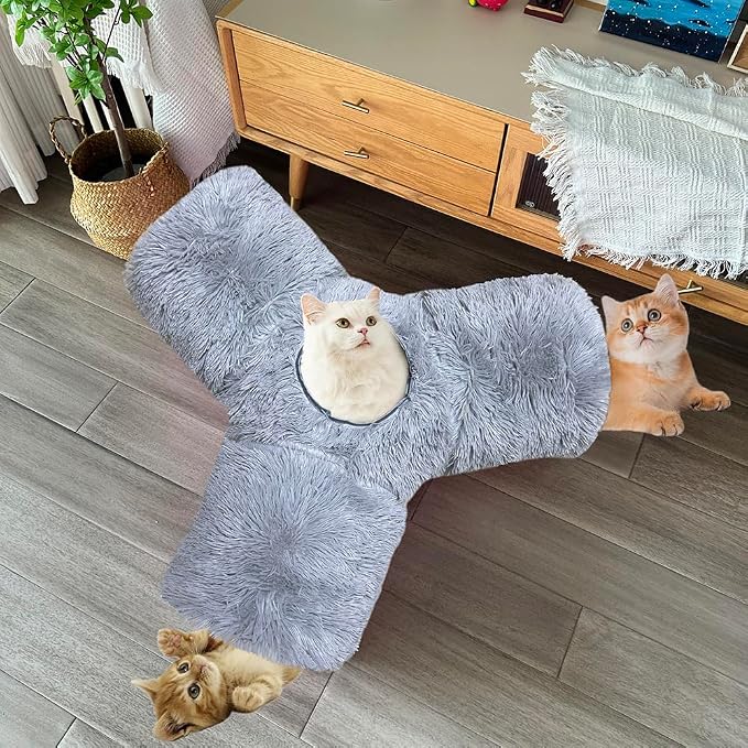 3-Way Collapsible Cat Tunnel Tube Toy Grey Plush | Interactive Play Tunnel with Hanging Ball & Peek Hole for Indoor Cats, Kittens, Puppies & Rabbits | Hours of Fun & Exercise