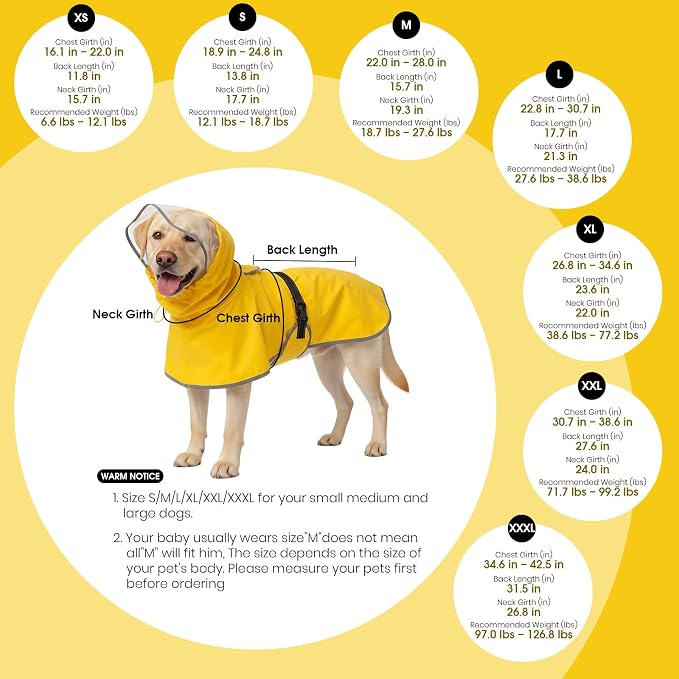 BRKURLEG Dog Raincoat, Waterproof Rain Jacket with Clear Hood for Small Medium and Large Dogs, Adjustable Reflective Pet Rain Coat Poncho with Leash Hole, Yellow XXXL