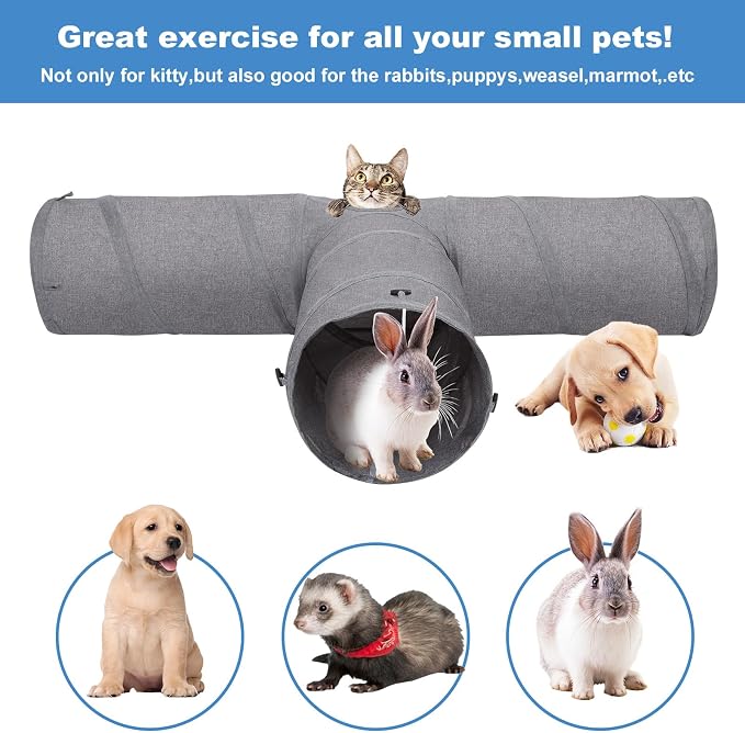 Ownpets 12" Large Cat Tunnel 3-Way T-Shape Oxford Fabric for Large Cat | Silent oxford fabric no noise, expandable 3-channel design, with plush ball ,feather wand, peek hole, for multi-cat household
