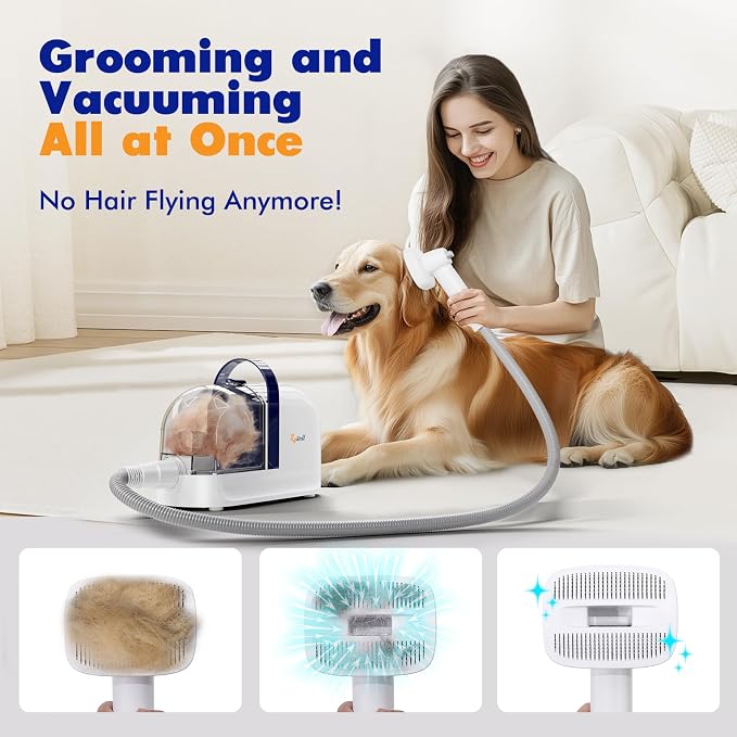 Rywell Dog Grooming Vacuum Kit with Electric Clippers and Brushes, 1.5L