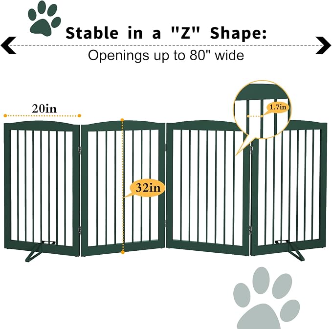 PUPETPO Freestanding Pet Gate for Dogs, Indoor Wooden Dog Gate for House, Foldable Dog Gate for Doorway, Stair, Step Over Pet Puppy Safety Fence Tall, 80 Inch Wide, 4 Panels 32", Green