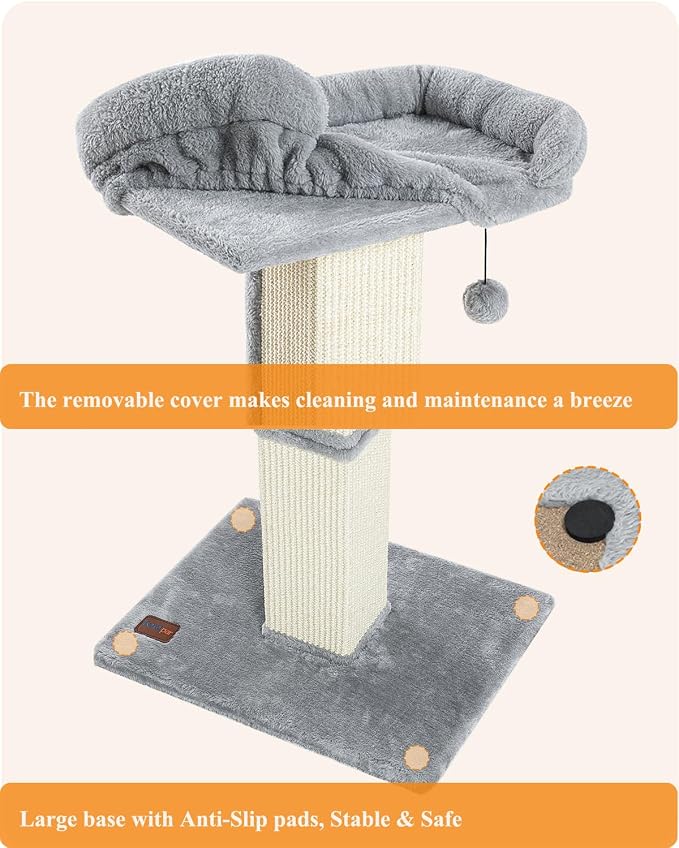 Karolpar 32" Cat Scratching Post for Indoor Cats, Sisal Cat Scratcher with Plush Perch, Large Scratch Post with Bed, Removable Cover, Sisal Fabric,Light Grey | Natural Sisal Cat Scratcher Tower, Large Scratch Post with Bed, Cat Tree with Removable Cover