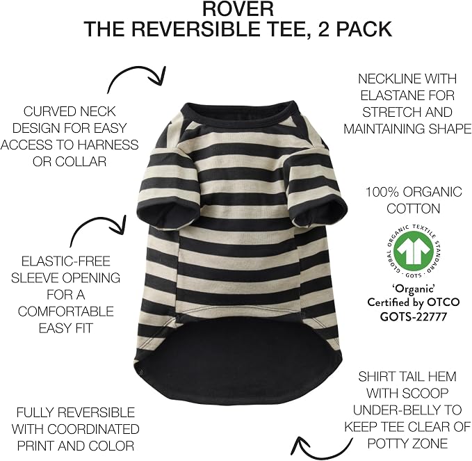 Pet Passion Rover - The Reversible Tee, 2 Pack Short Sleeve Pet T-Shirt 100% Organic Cotton Tees for Small, Medium, Large Dog Clothes, Black Sand, XX-Small